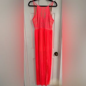 NWT Anthropologie LUSH Neon Hot Pink Nude Lace Halter Pleated Maxi Dress Size M